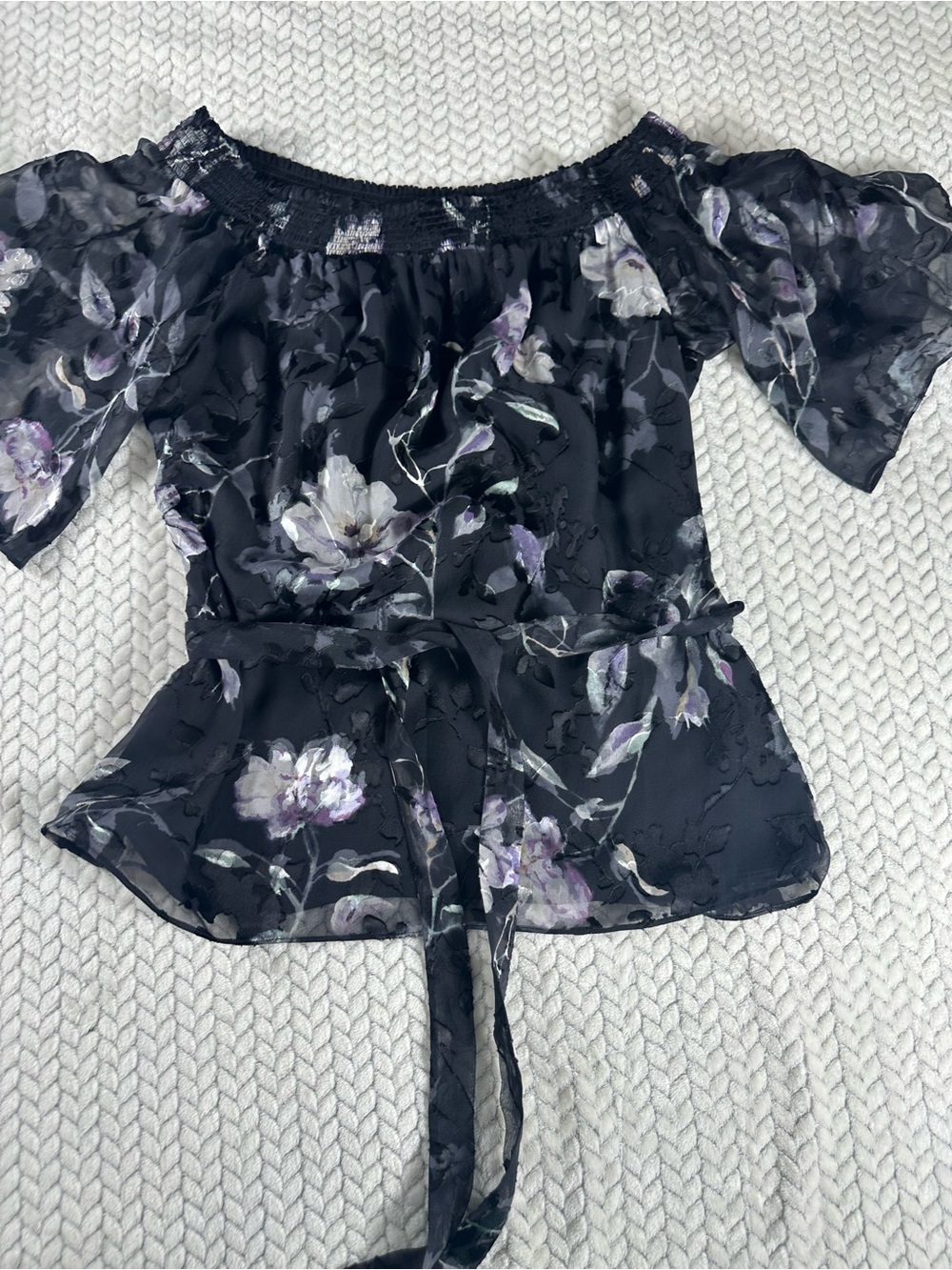 White House Black Market Women’s Floral Off The Shoulder Top Black/Pastel Sz M